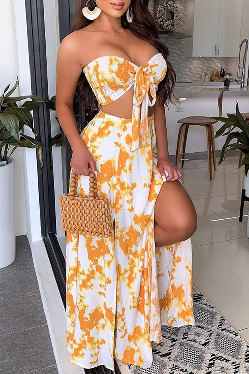 Sexy Print Hollowed Out Split Two Pieces Dresses