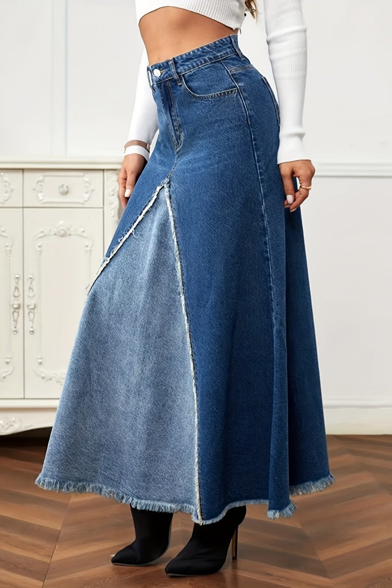 Casual Patchwork Contrast High Waist Regular Denim Skirts