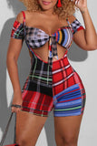 Sexy Casual Plaid Print Hollowed Out Backless Off the Shoulder Short Sleeve Two Pieces