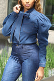 Fashion Casual Bishop Sleeve Bandage Blue Tops