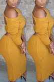 Sexy Solid Color Long Sleeves Slim Backless Yellow Dress