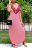 Cotton Fashion OL Pink Cap Sleeve Short Sleeves V Neck Step Skirt Ankle-Length Patchwork Solid Dresses