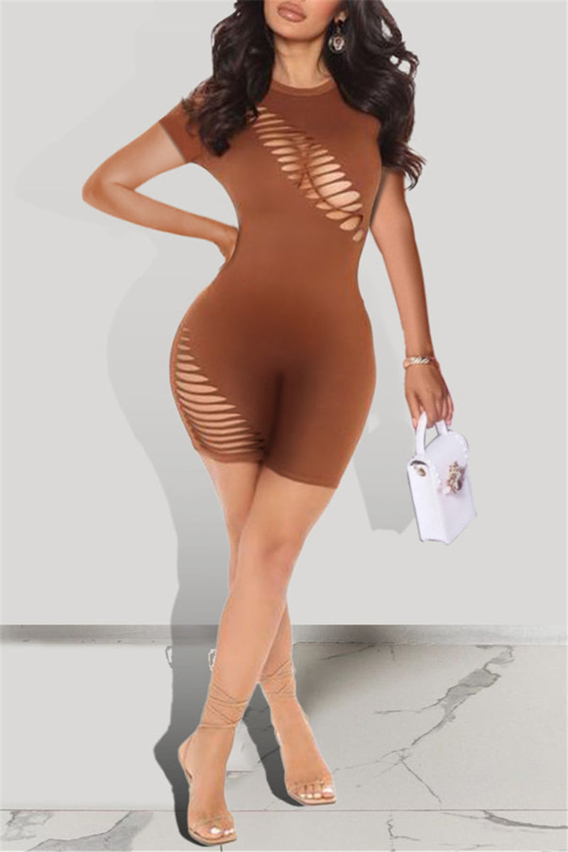 Fashion Sexy Solid Hollowed Out O Neck Short Sleeve Skinny Romper