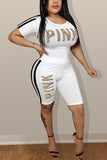 Casual Sports Letter Printing White Two-piece Set