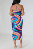 Casual Print Hollowed Out Patchwork Draw String Backless Oblique Collar One Step Skirt Dresses