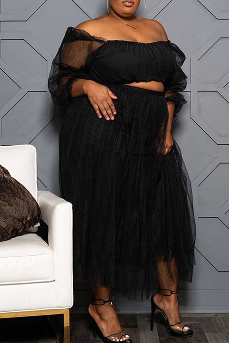 Sexy Solid Split Joint See-through Off the Shoulder Plus Size Two Pieces