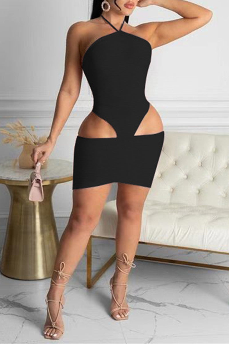 Sexy Solid Hollowed Out Backless Spaghetti Strap Sleeveless Dress