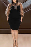 Sexy Leopard Split Joint See-through Ribbon Collar Wrapped Skirt Plus Size Dresses