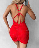 Glitter O Ring Backless Ruched Bodycon Dress