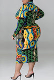Casual Print Patchwork Buckle Turndown Collar One Step Skirt Plus Size Dresses