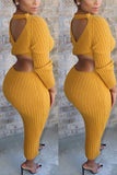 Sexy Solid Color Long Sleeves Slim Backless Yellow Dress
