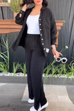 Casual Simplicity Solid Patch Slit Turndown Collar Long Sleeve Two Pieces