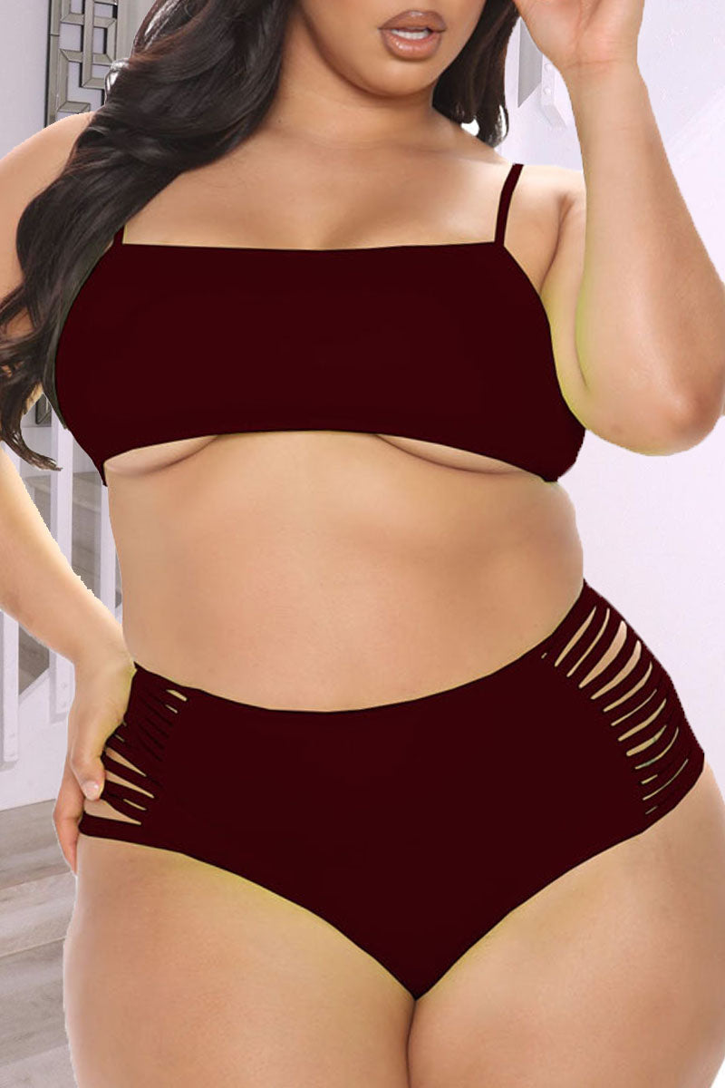 Sexy Solid Hollowed Out Backless Spaghetti Strap Plus Size Swimwear