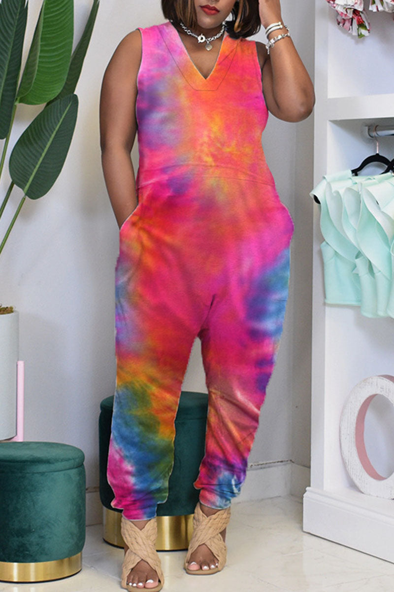 Casual Print Tie-dye O Neck Loose Jumpsuits