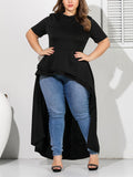 Fashion Round Neck Short Sleeve Pleated Irregular Large Size Black Dress