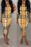Trendy Grids Printed  Khaki  Mid Calf  Dress