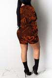 Fashion Printing Long Sleeve Top Shorts Rust Red Set