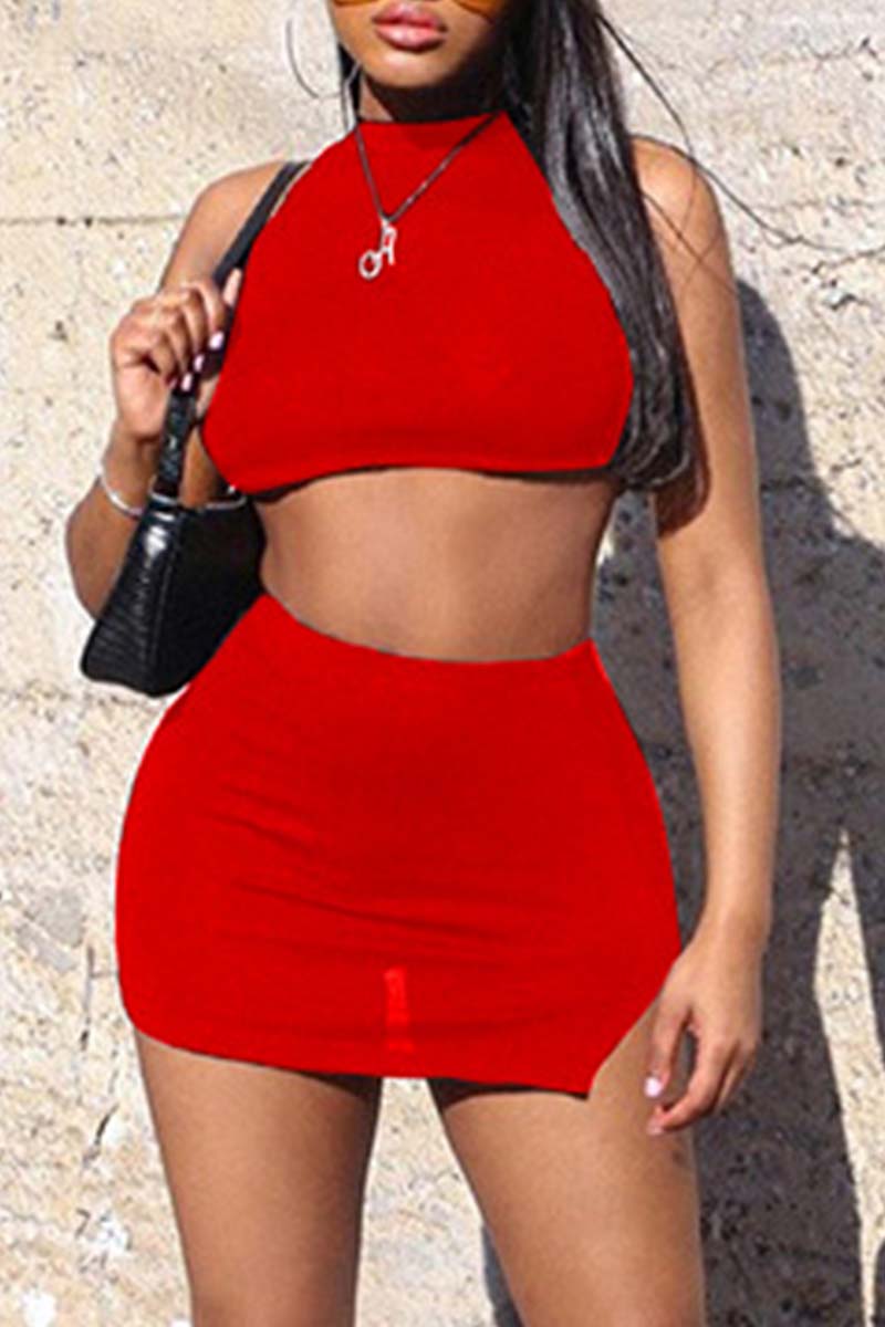 Sexy Casual Solid Slit O Neck Sleeveless Two Pieces