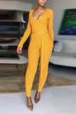 Fashion Sexy Long Sleeve V-Neck Yellow Jumpsuit