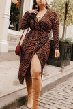 Sexy Long Sleeves V Neck Asymmetrical Mid-Calf Print Leopard split Dresses