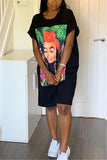 Cotton Casual Bat sleeve Short Sleeves O neck Step Skirt Knee-Length Print head portrait  Print Dres