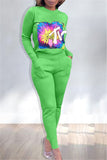 Casual Letter Print Stitching Thread Green Sports Suit