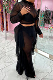 Fashion Sexy Solid Split Joint See-through Turtleneck Plus Size Two Pieces