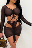 Sexy Solid Hollowed Out Draw String See-through Mesh V Neck Long Sleeve Two Pieces