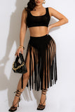 Fashion Sexy Solid Tassel Split Joint U Neck Sleeveless Two Pieces