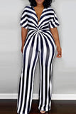 Casual Striped Print Split Joint Knotted V Neck Straight Jumpsuits