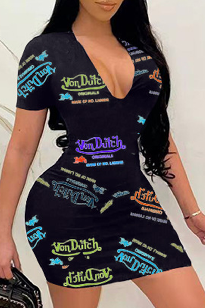 Sexy Print Split Joint V Neck Pencil Skirt Dresses