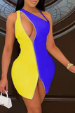 Sexy Color Block Hollowed Out One Shoulder Irregular Dress Dresses