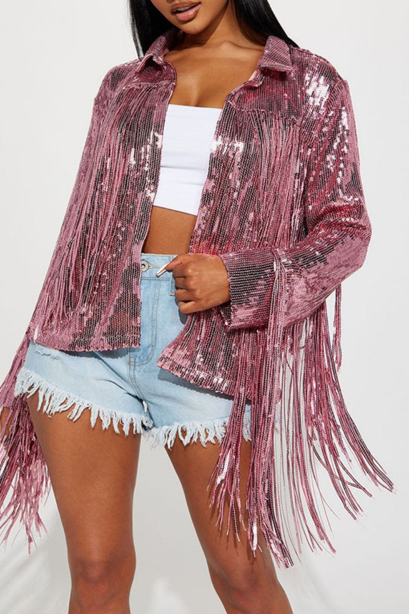Casual Party Patchwork Tassel Sequins Cardigan Turndown Collar Outerwear