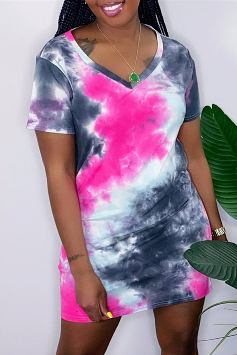Fashion Casual Tie Dye Printing V Neck Short Sleeve Dress