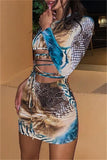 Sexy Print Bandage Hollowed Out Backless Oblique Collar Long Sleeve Dresses
