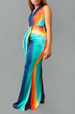 Fashion Casual Off The Shoulder Sleeveless V Neck Sleeveless Dress Floor Length Patchwork Dresses