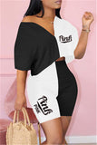 Fashion Casual Letter Print Split Joint V Neck Short Sleeve Two Pieces