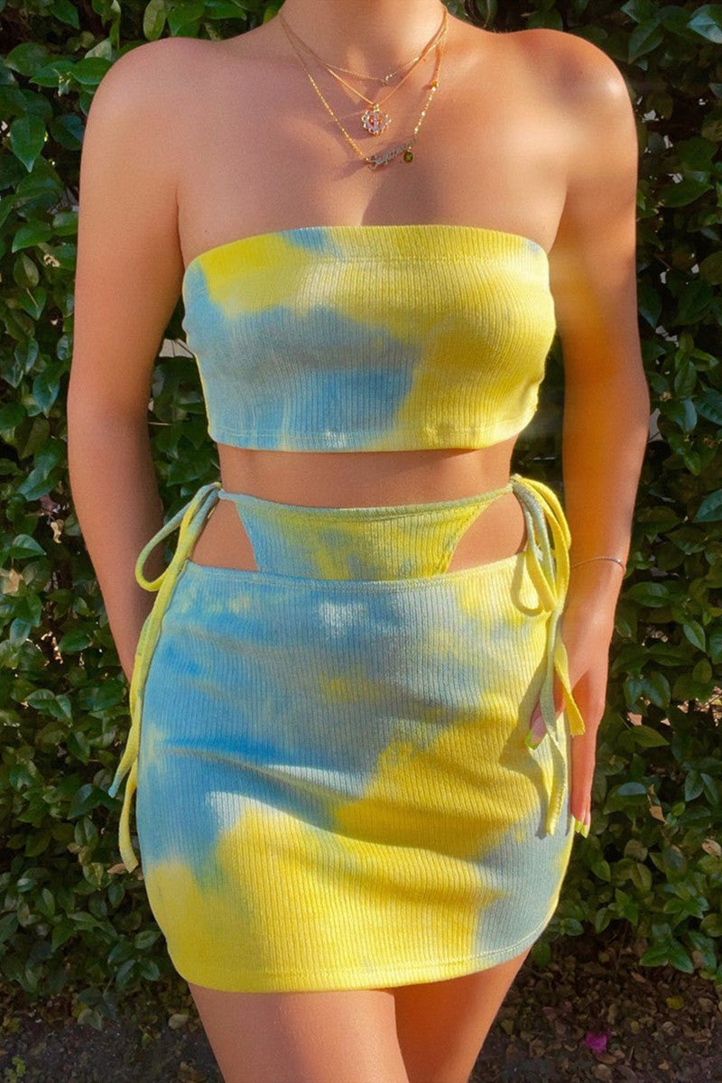 Sexy Print Tie Dye Backless Strap Design Strapless Sleeveless Three-piece Set
