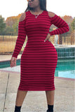 Fashion Casual adult Ma'am Cap Sleeve Long Sleeves O neck Step Skirt Mid-Calf Striped Dresses