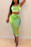 Sexy Printed Sleeveless Top Skirt Green Set