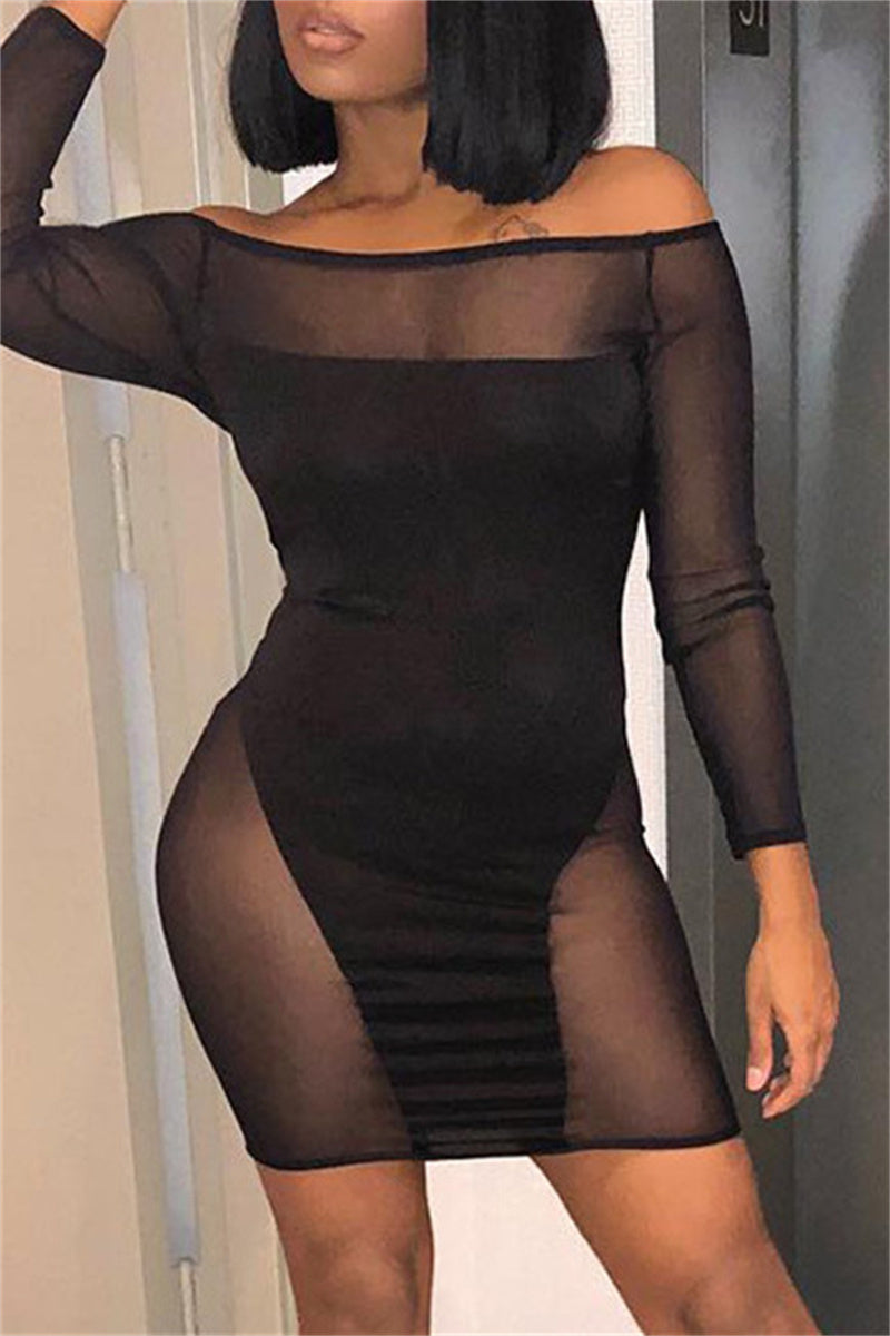 Fashion Sexy Patchwork See-through Off the Shoulder Long Sleeve Dresses