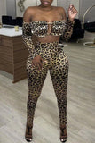 Fashion Sexy Leopard Print Hollowed Out Backless Off the Shoulder Long Sleeve Two Pieces