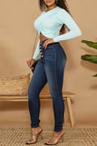 Fashion Casual Solid Buckle High Waist Skinny Denim Jeans