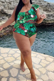 Fashion Sexy Print Backless One Shoulder Plus Size Swimwear (With Paddings)