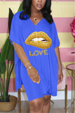 Fashion Casual Half Sleeve V Neck Regular Lips Printed Two Pieces