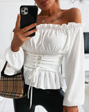 Off Shoulder Lace up Front Casual Blouse