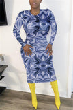 Fashion Sexy Regular Sleeve Long Sleeve O Neck Printed Dress Mid Calf Print Dresses