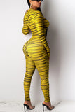 Sexy Fashion Good Elasticity Long Sleeve Round Neck Yellow Jumpsuit