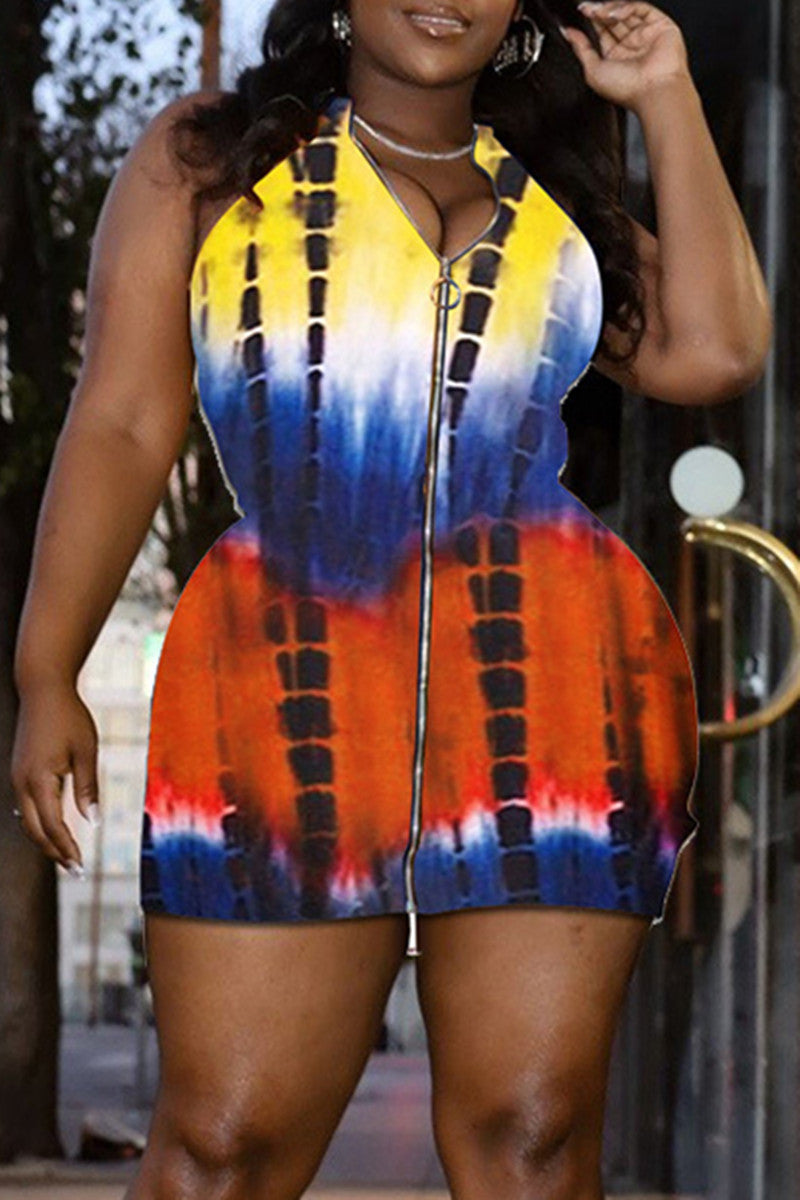 Fashion Sexy Plus Size Tie Dye Printing Zipper Collar Sleeveless Dress