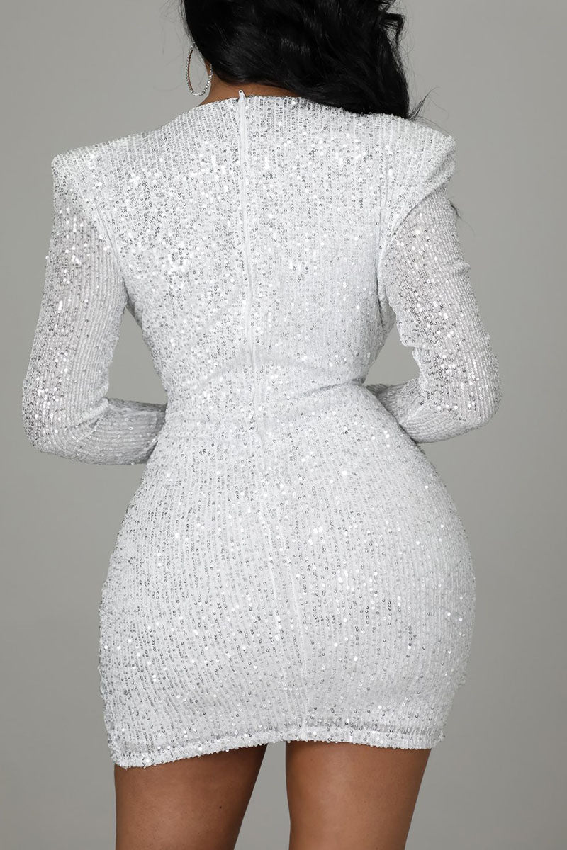 Casual Elegant Solid Sequins Split Joint Fold V Neck One Step Skirt Dresses